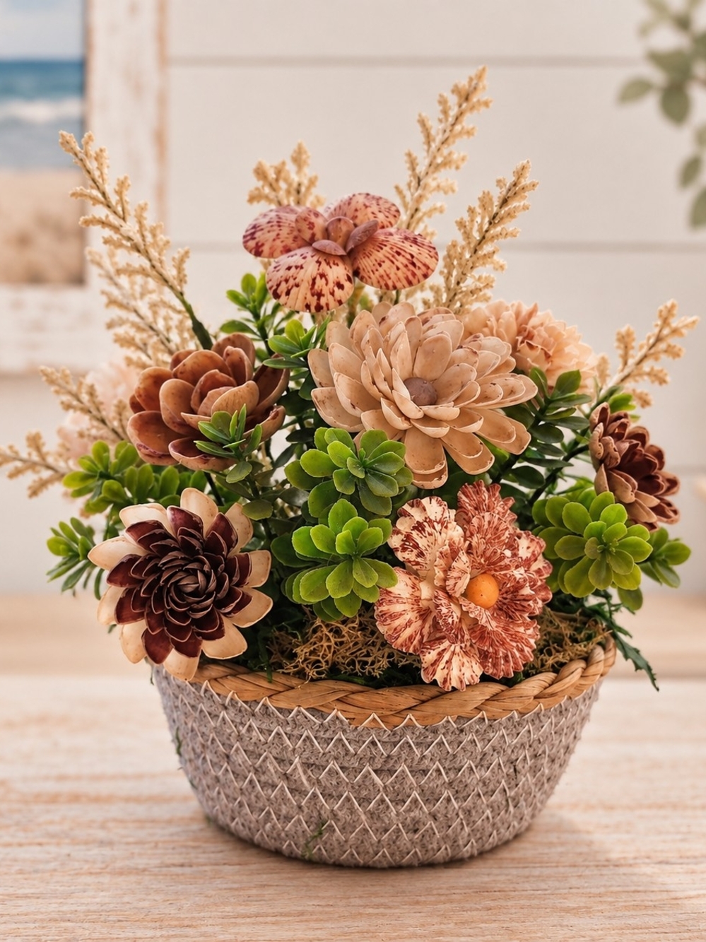 Vintage Seashell Flower Arrangement Coastal Decor Shell Floral Centerpiece Table